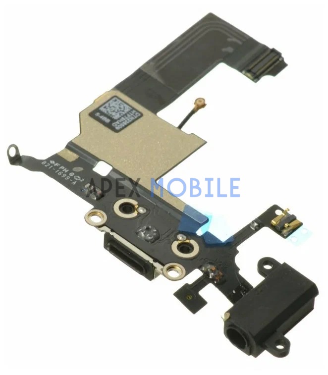 Шлейф iPhone 5 с разъемом зарядки/гарнитуры/микрофоном (черный) - Оригинал